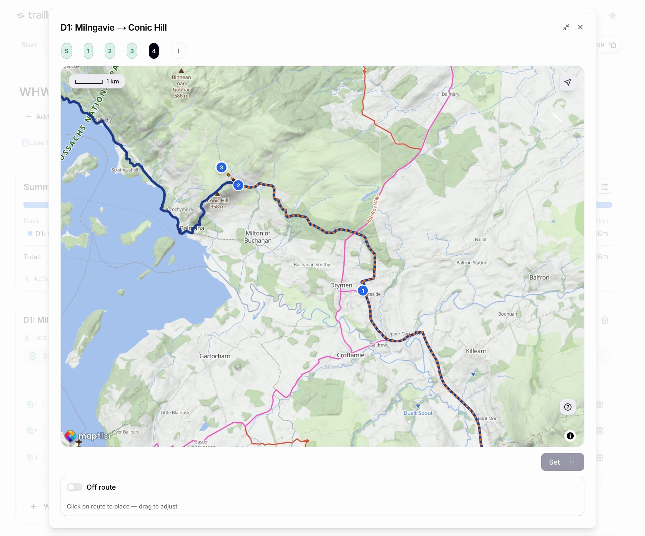 GPX route map with waypoints placed along the trail.