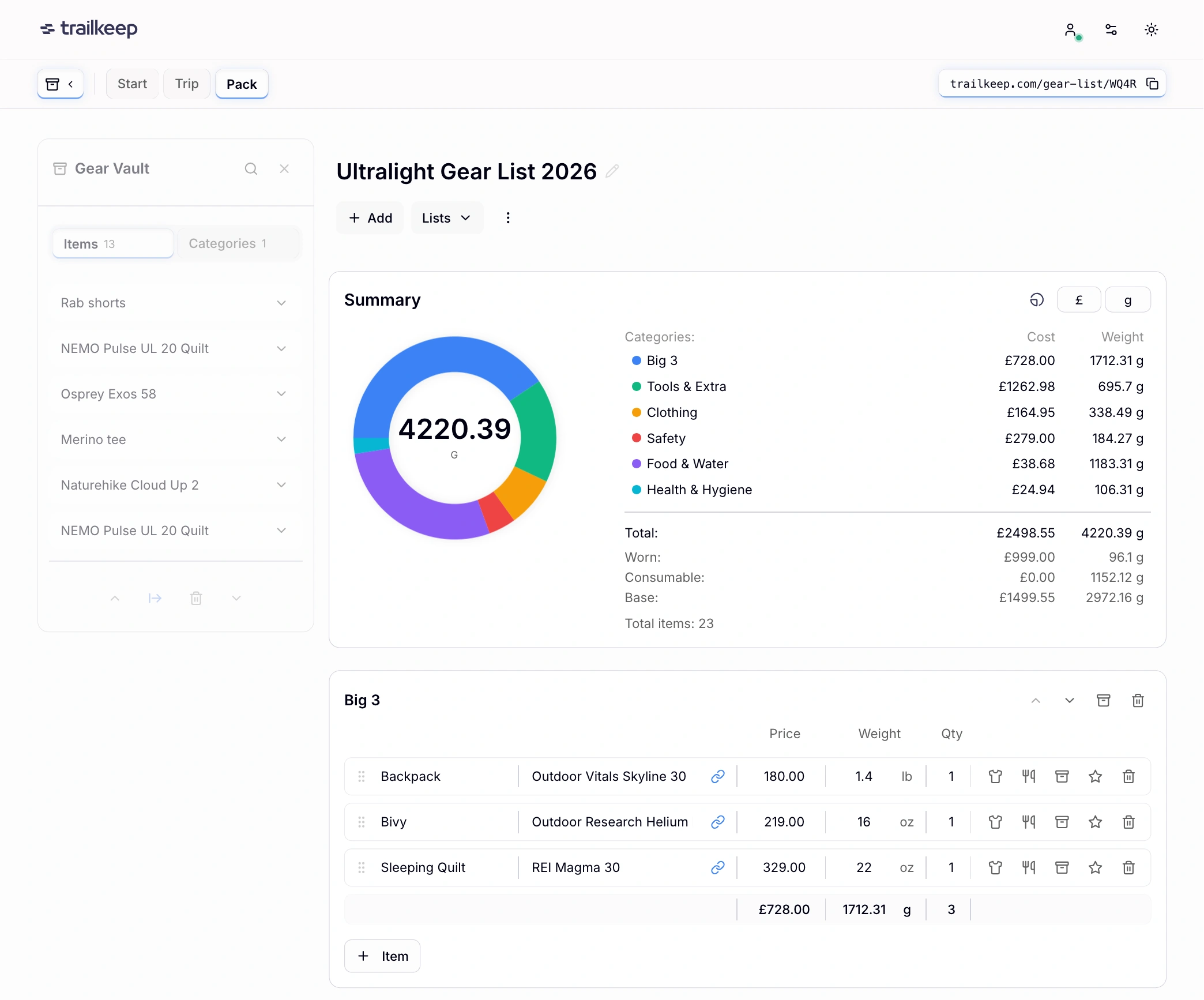 Pack Planner — gear list builder with categories and weight totals.