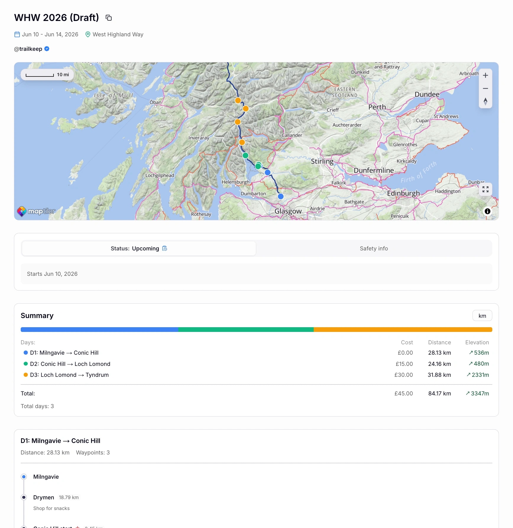 Shared trip page — itinerary, check-in status, and GPS for contacts.