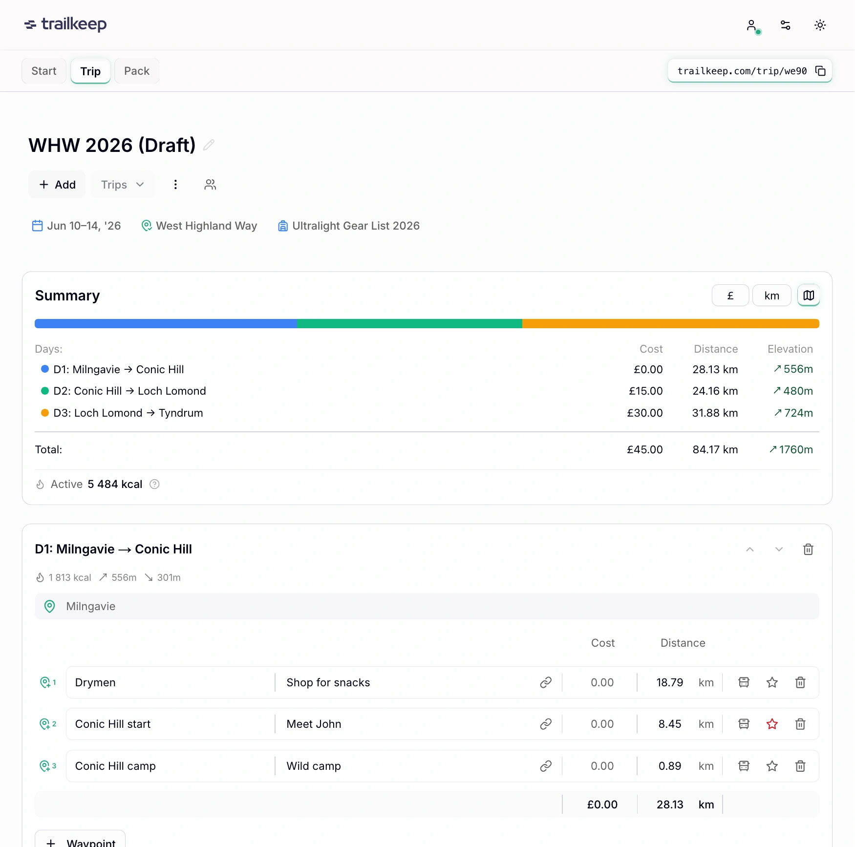 Trip Planner — multi-day itinerary with waypoints and safety net.