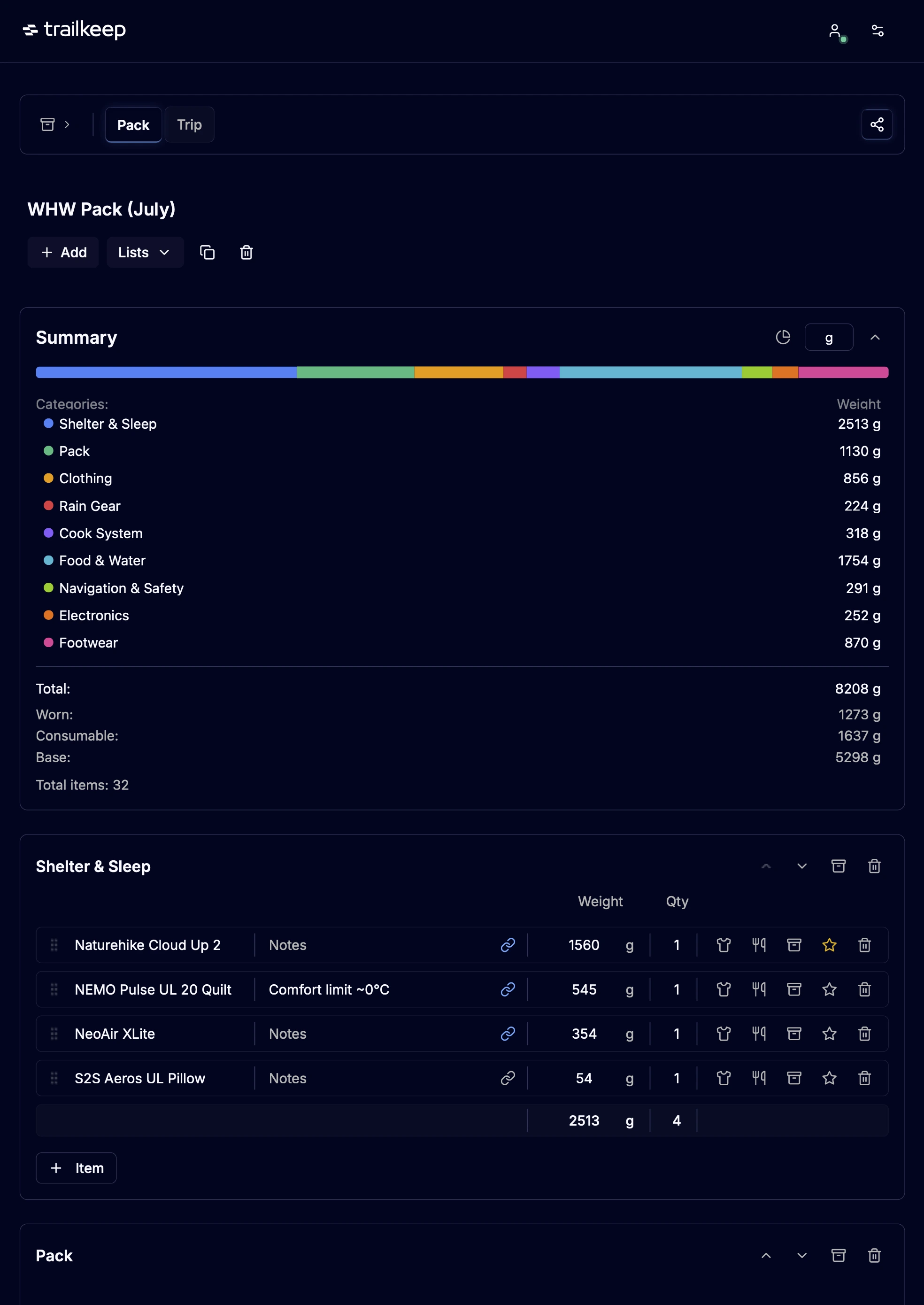 Pack Planner interface showing gear categories and weight summary