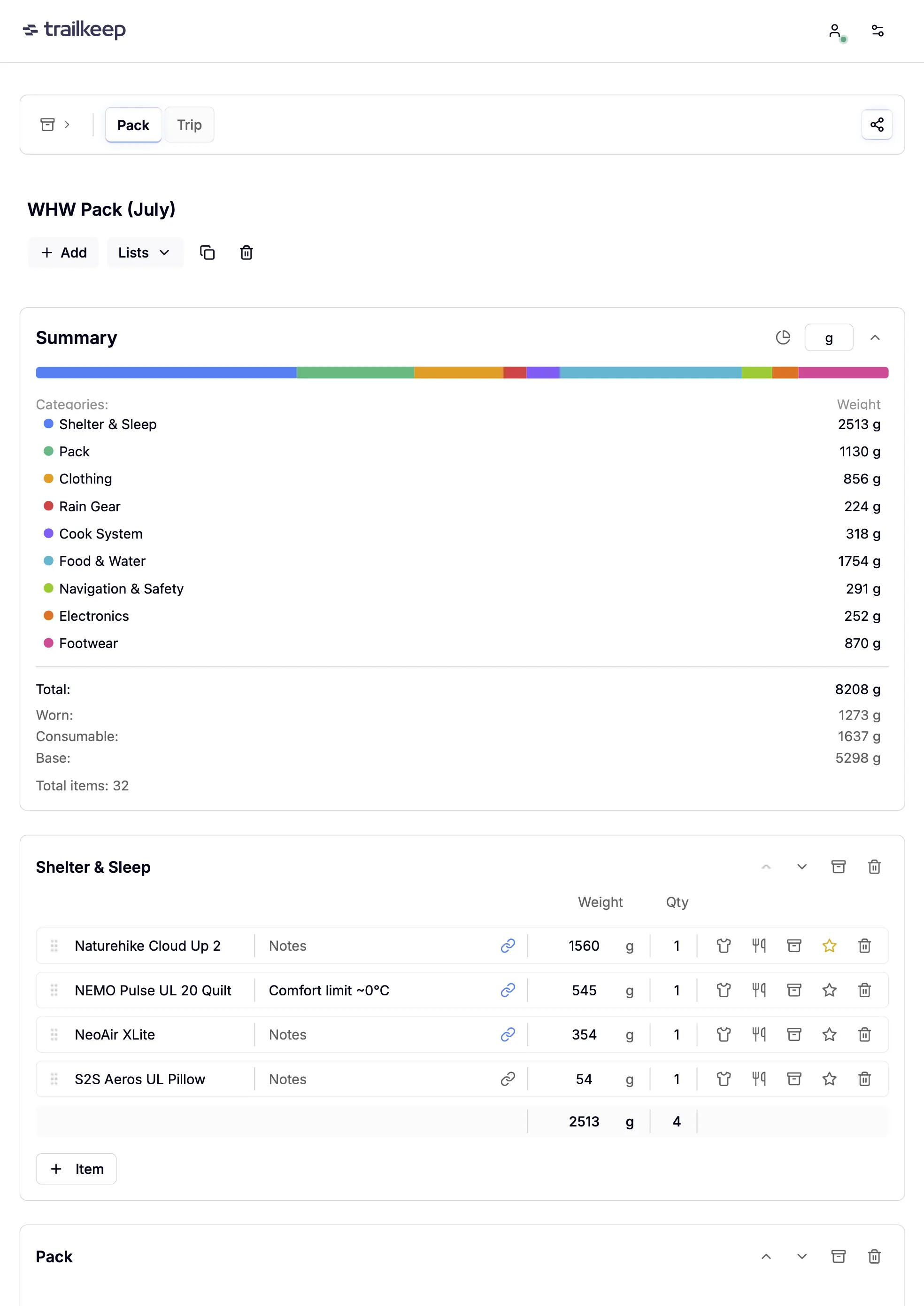 Pack Planner interface showing gear categories and weight summary